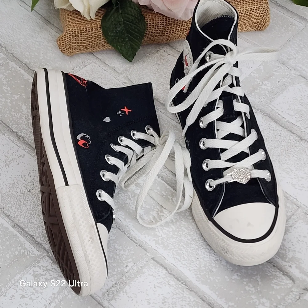 Converse Black High-Tops with Red Heart Details